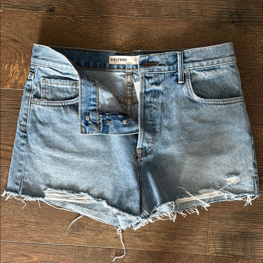 Grlfrnd Blue Jean Shorts With Distressed Cut-Off Hem